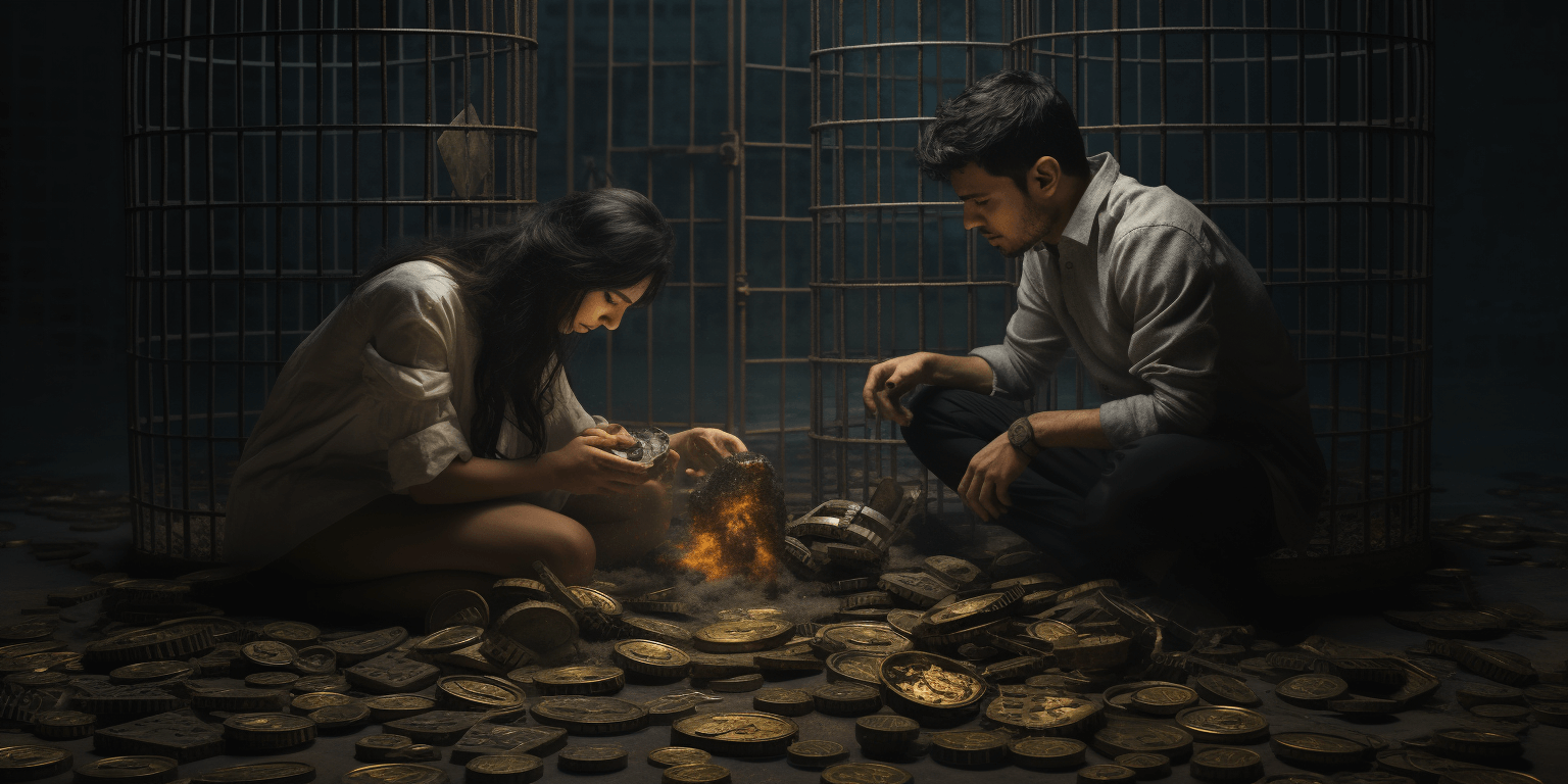 An image showing two people in a cage, crypto coins on the floor