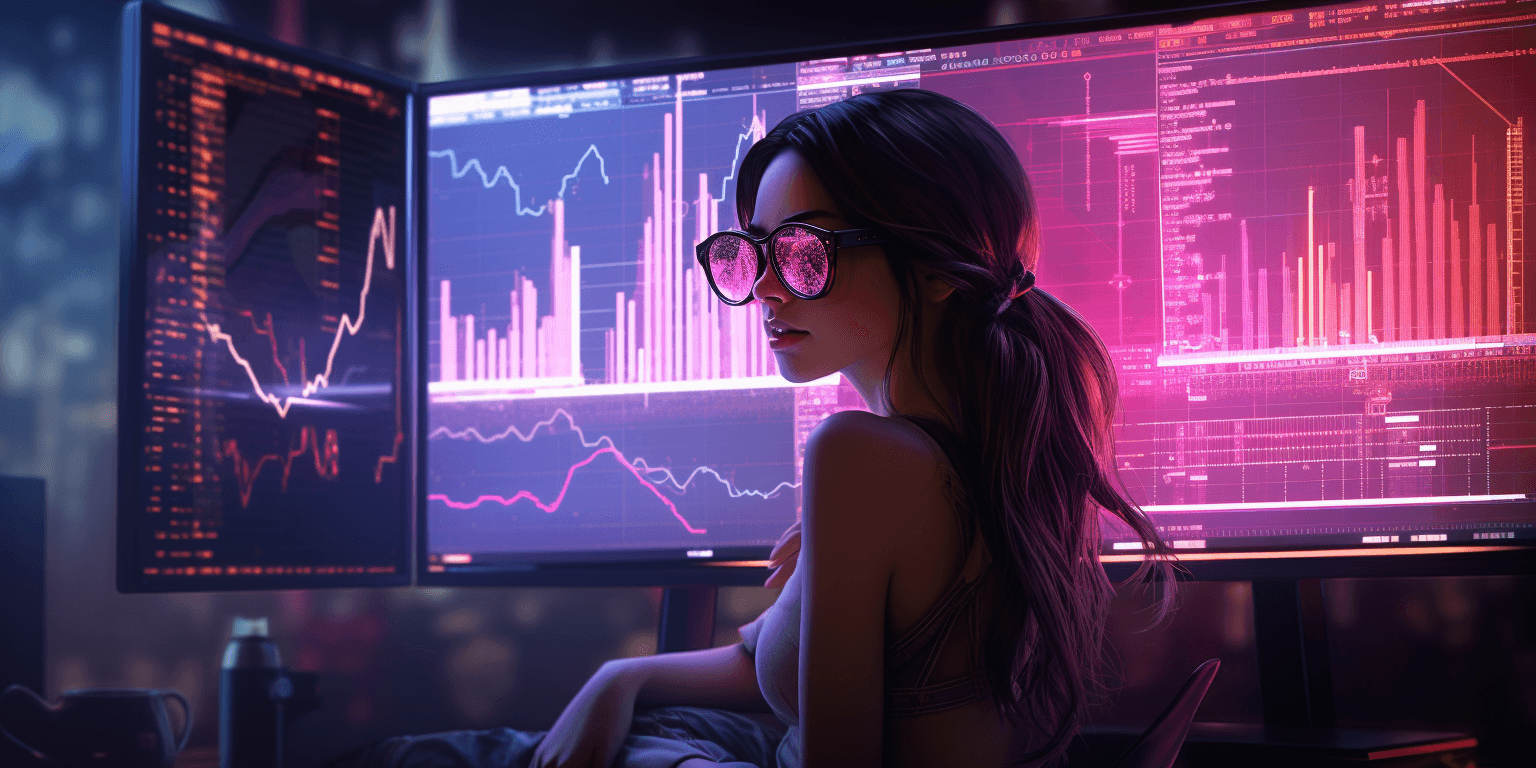 A girl wearing futuristic glasses in front of a monitor with dashboards, art generated by Midjourney