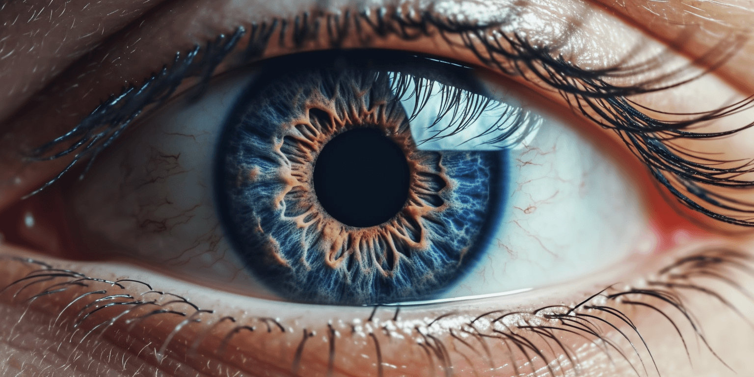 Extreme close up of a person's blue eye, art generated by Midjourney