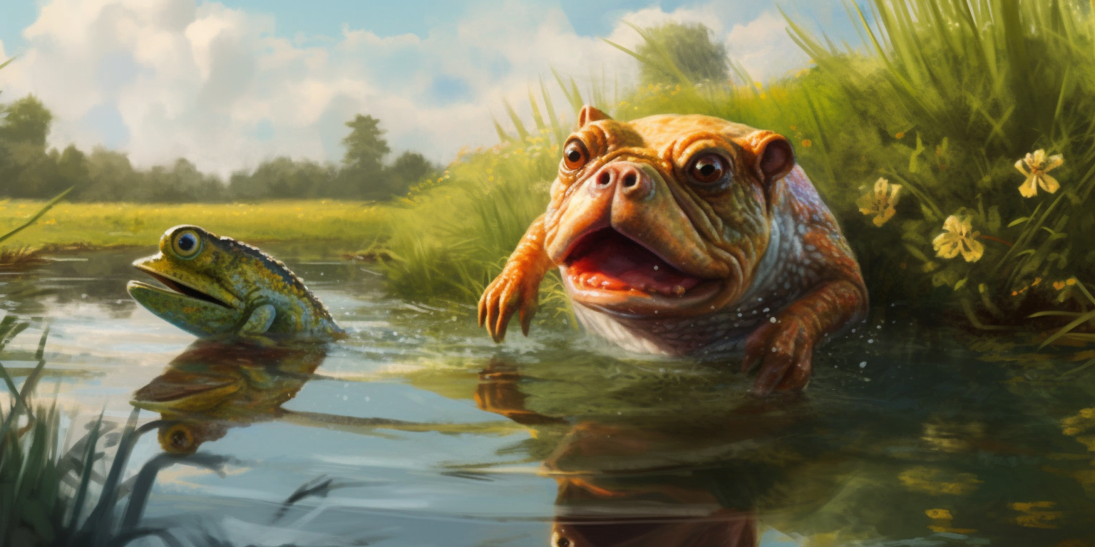 a dog chases a frog