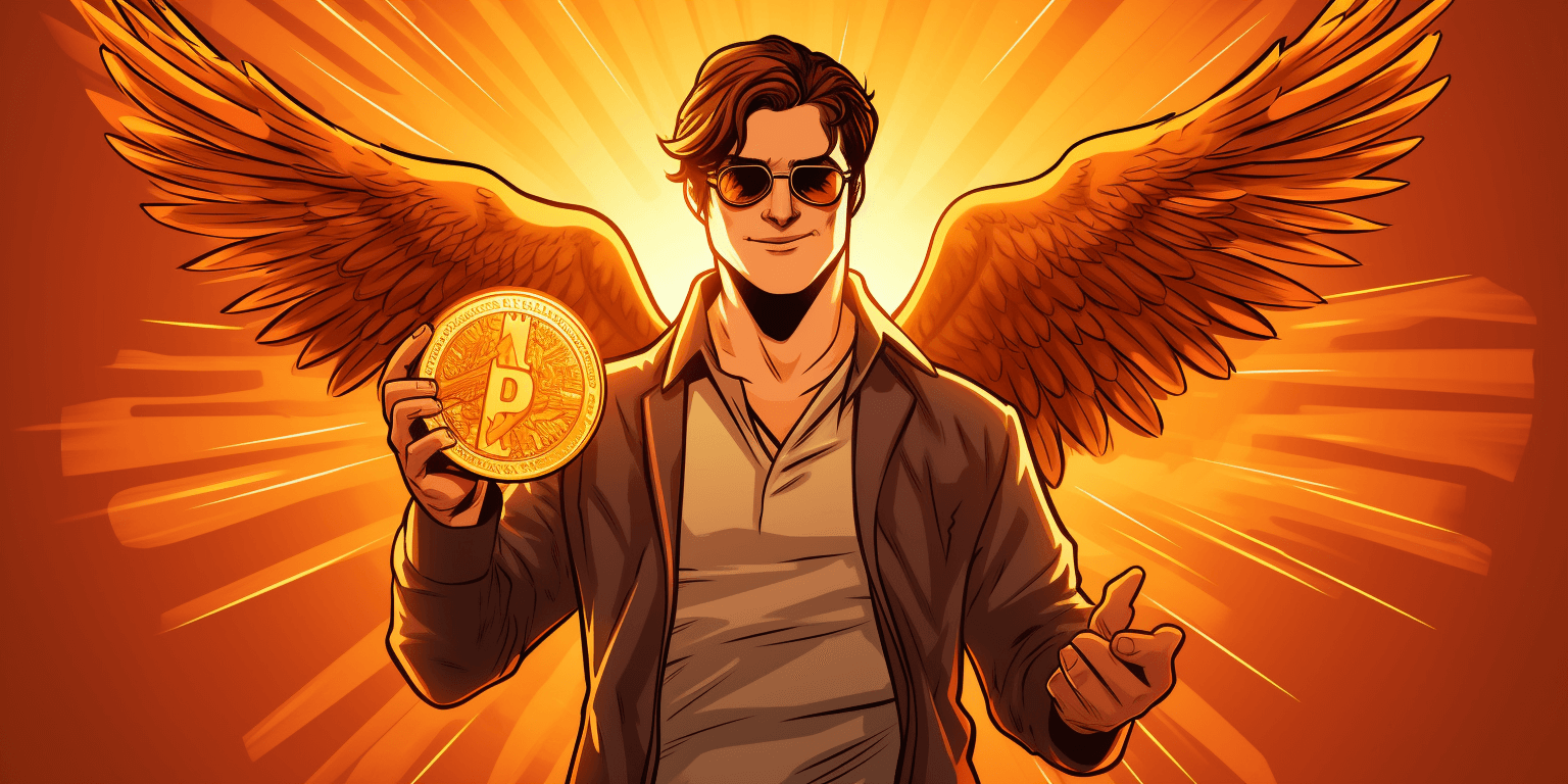 a man with wings holding bitcoin