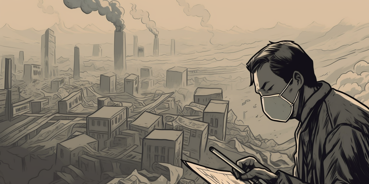 a person with a ruler surrounded by smog