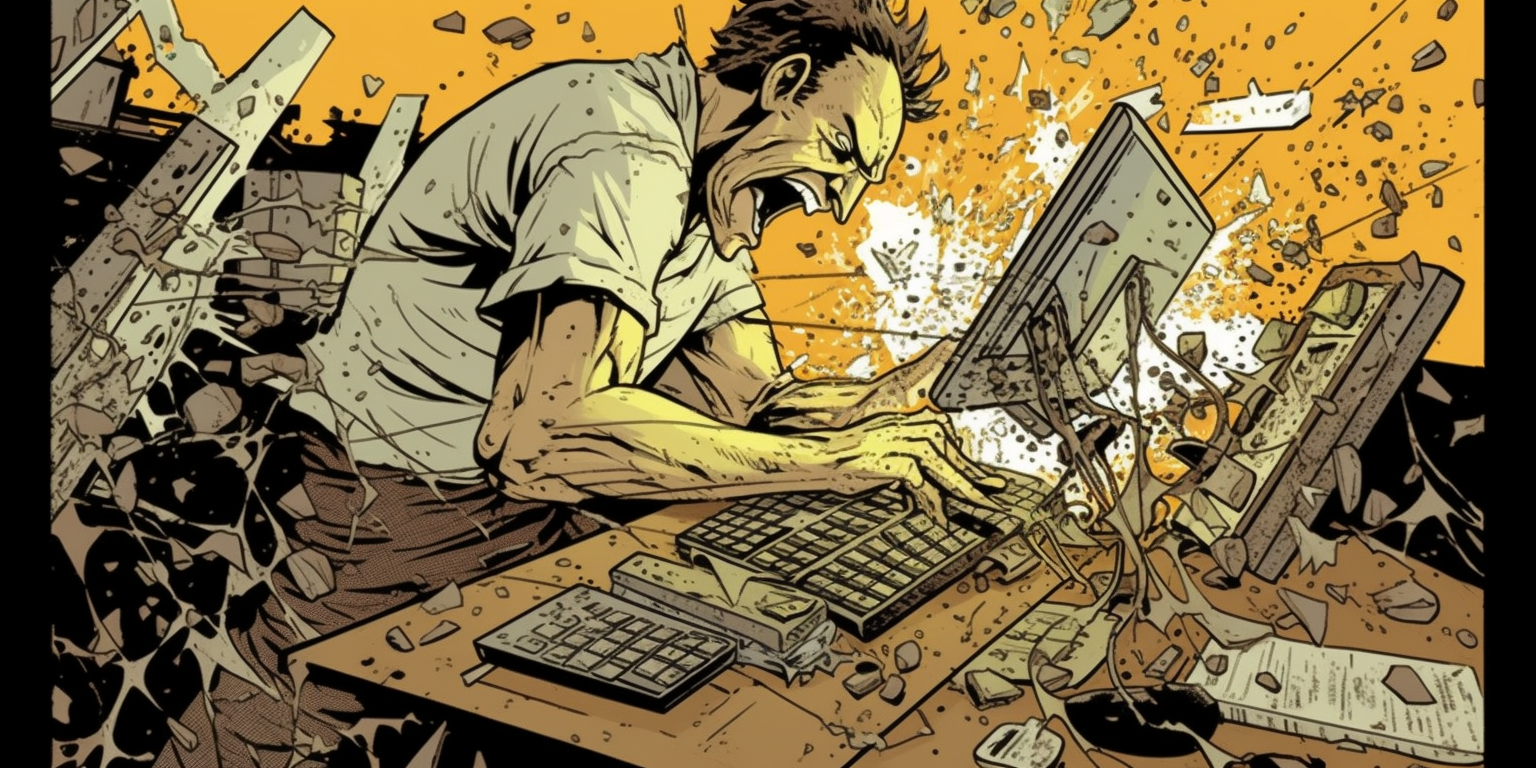 angry man destroying a computer