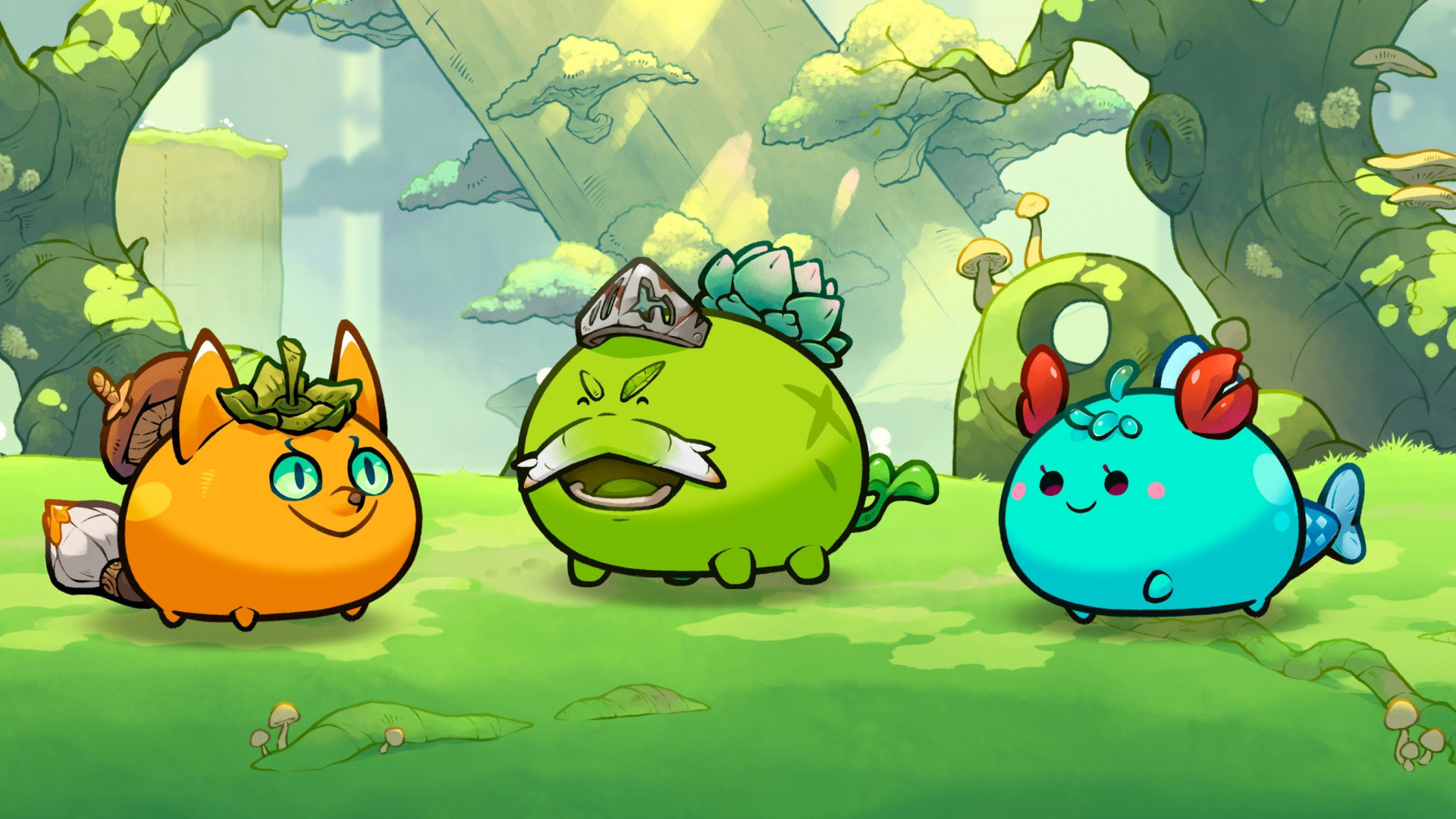 Team of three Axie Infinity creatures: orange, green, and turquoise