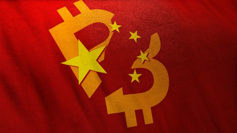 Bitcoin symbol broken down against a Chinese flag
