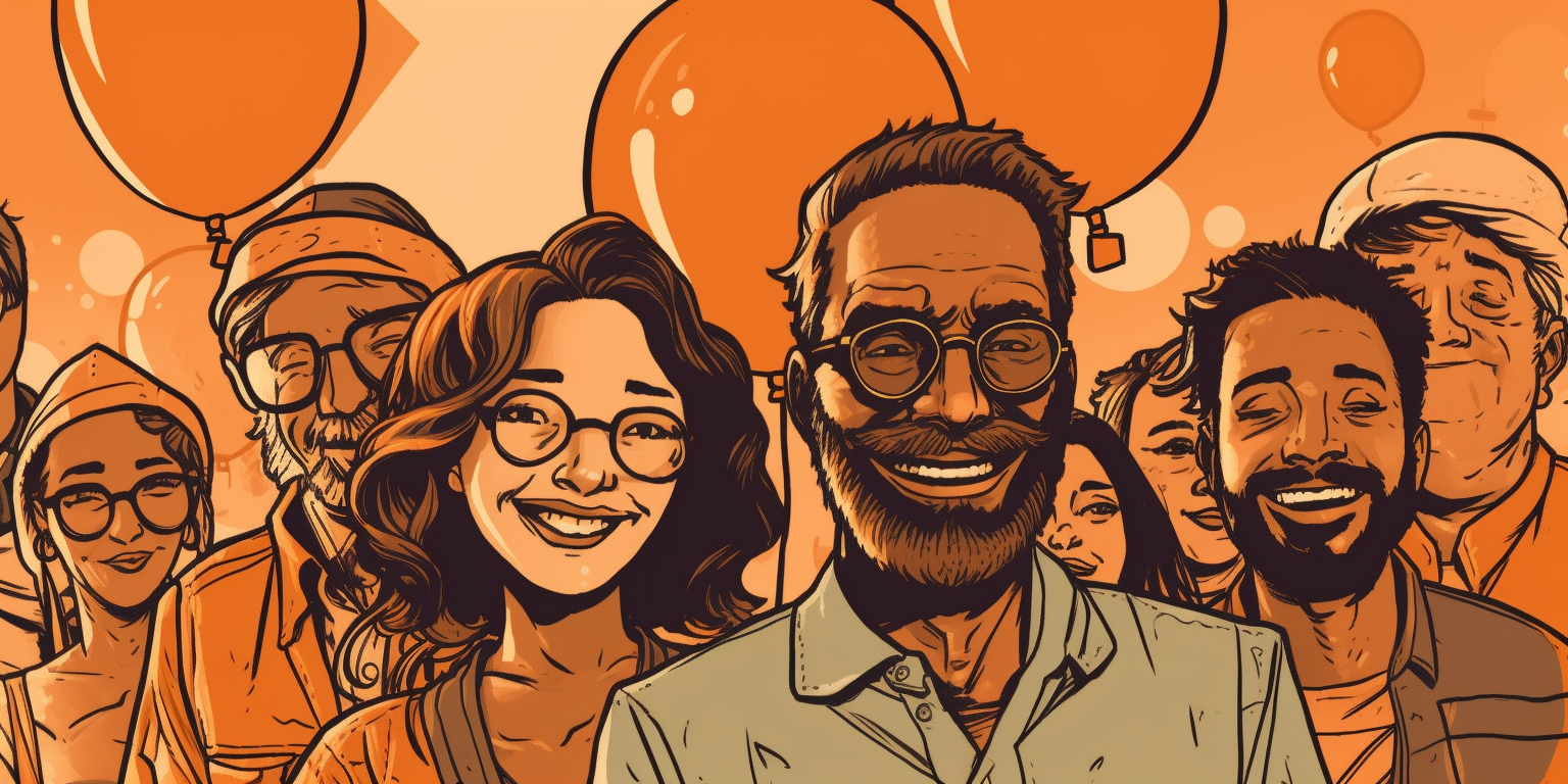 collage of smiling people and orange baloons