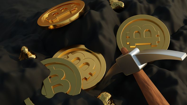 Bitcoin mining concept 3D illustration - stock photo