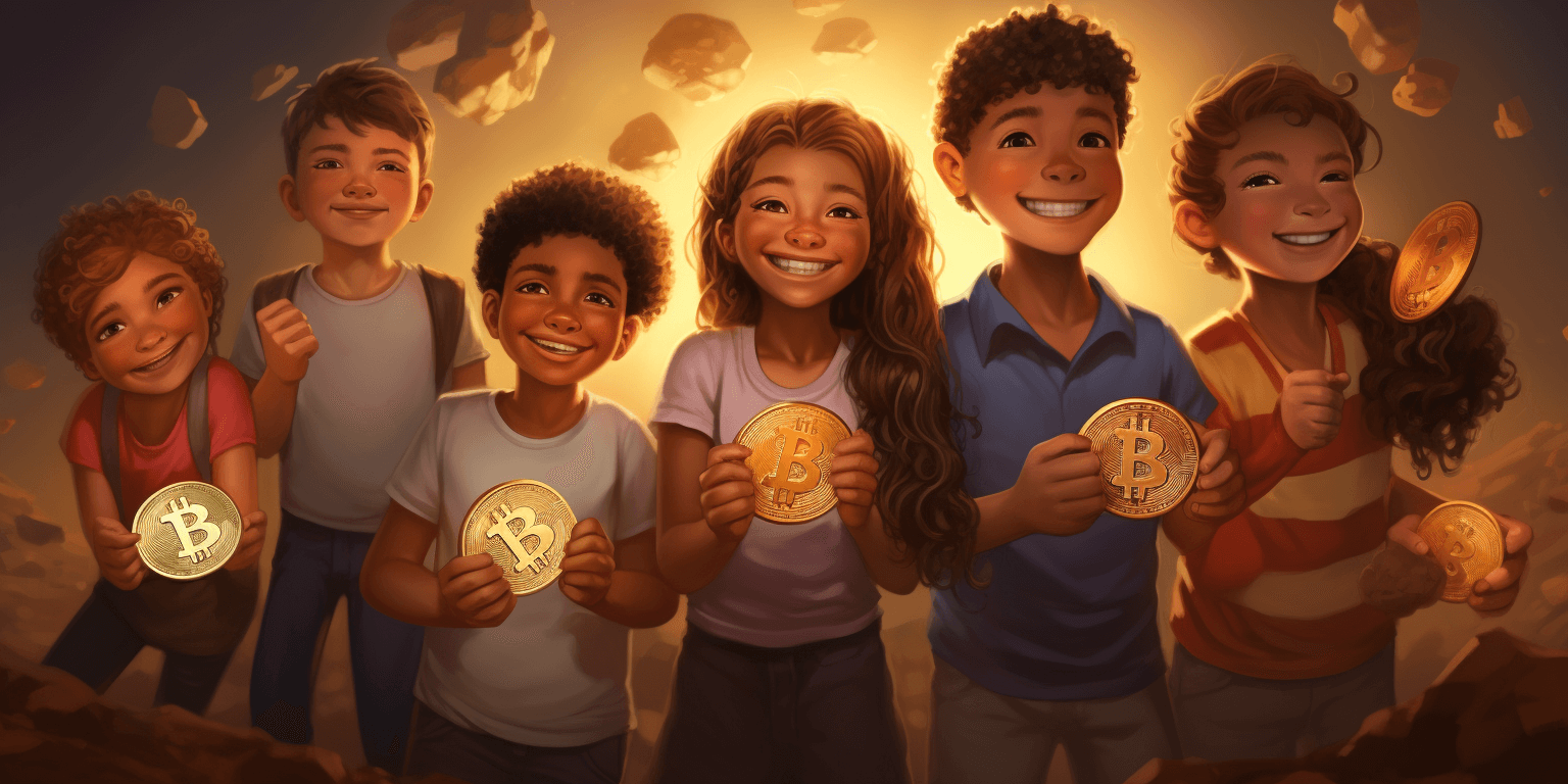 Kids holding btc coins and smiling