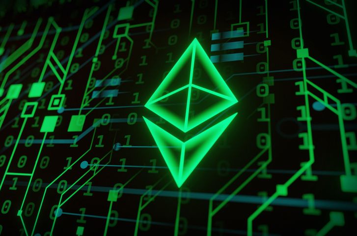 A neon green logo of Ethereum cryptocurrency.