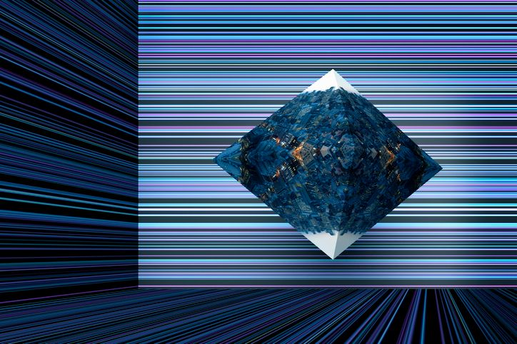 An octahedron with projected visions floating in virtual space.