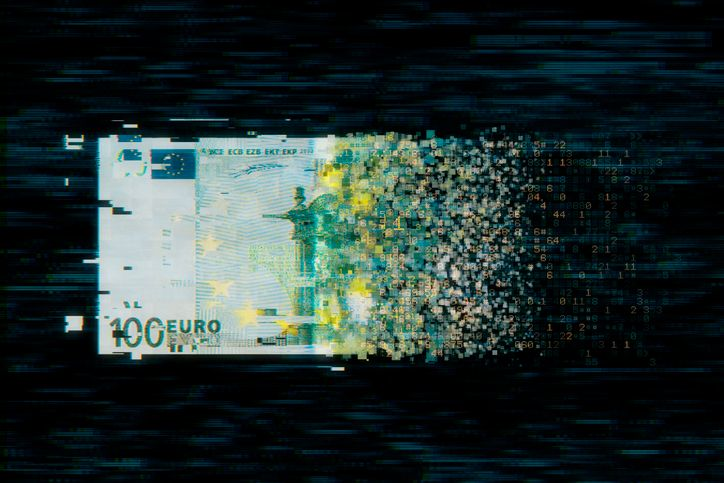 Representation of a €100 banknote disintegrating into digital nothingness