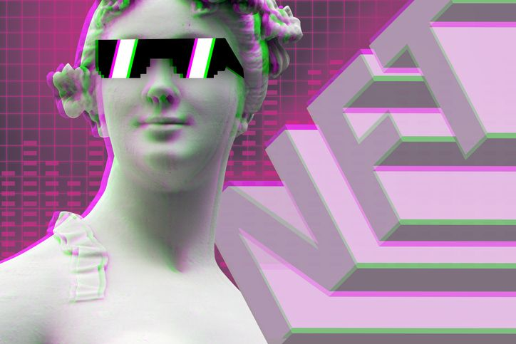 A stock photo of an ancient statue wearing glasses in vaporwave aesthetics with NFT inscription. 