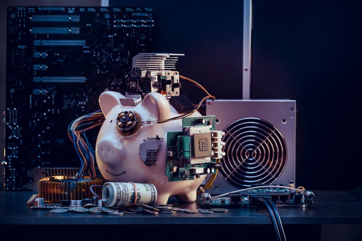 A stock image of a cybernetic piggy bank. 