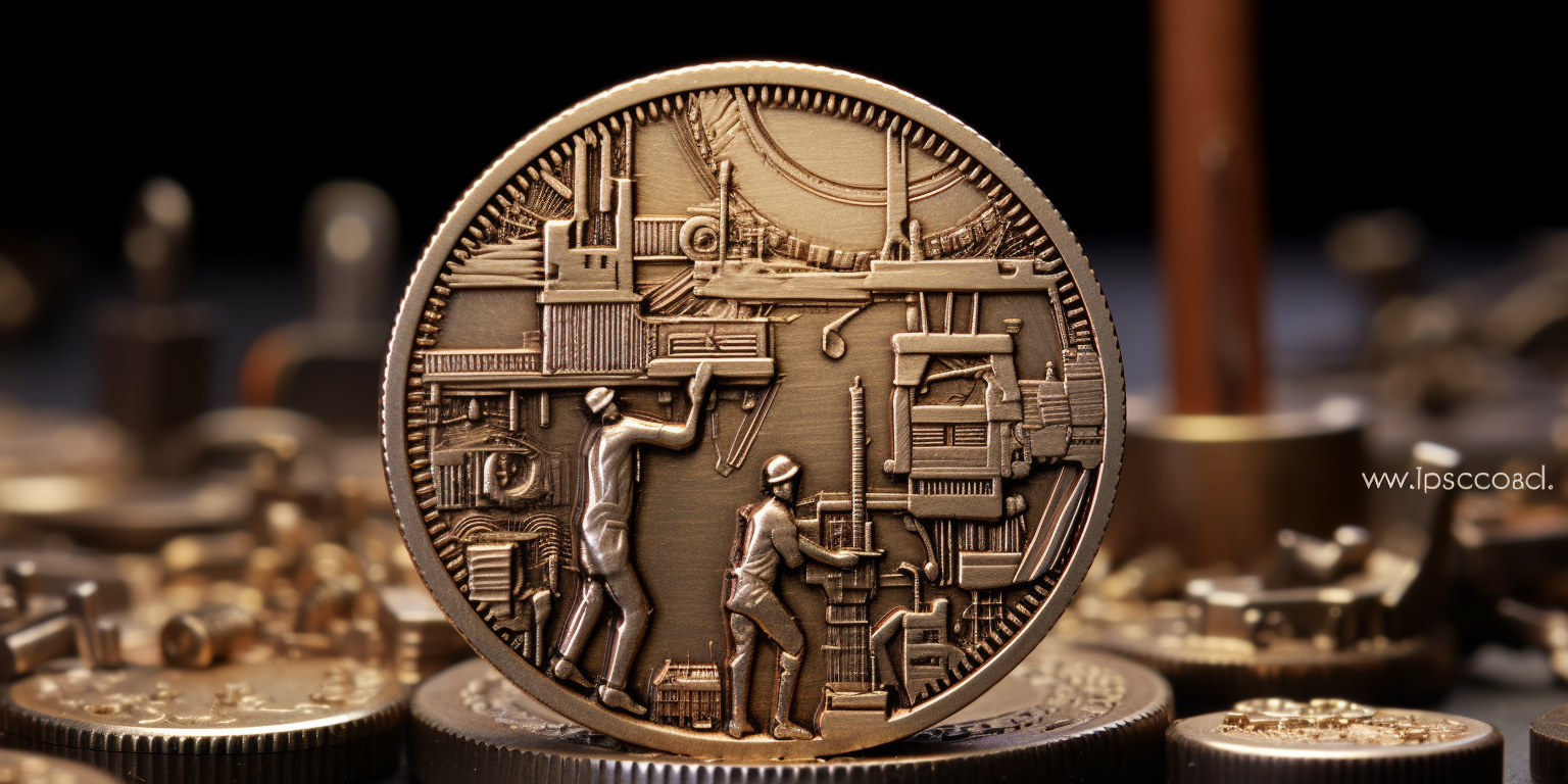 gold coins depicting workers with machinery