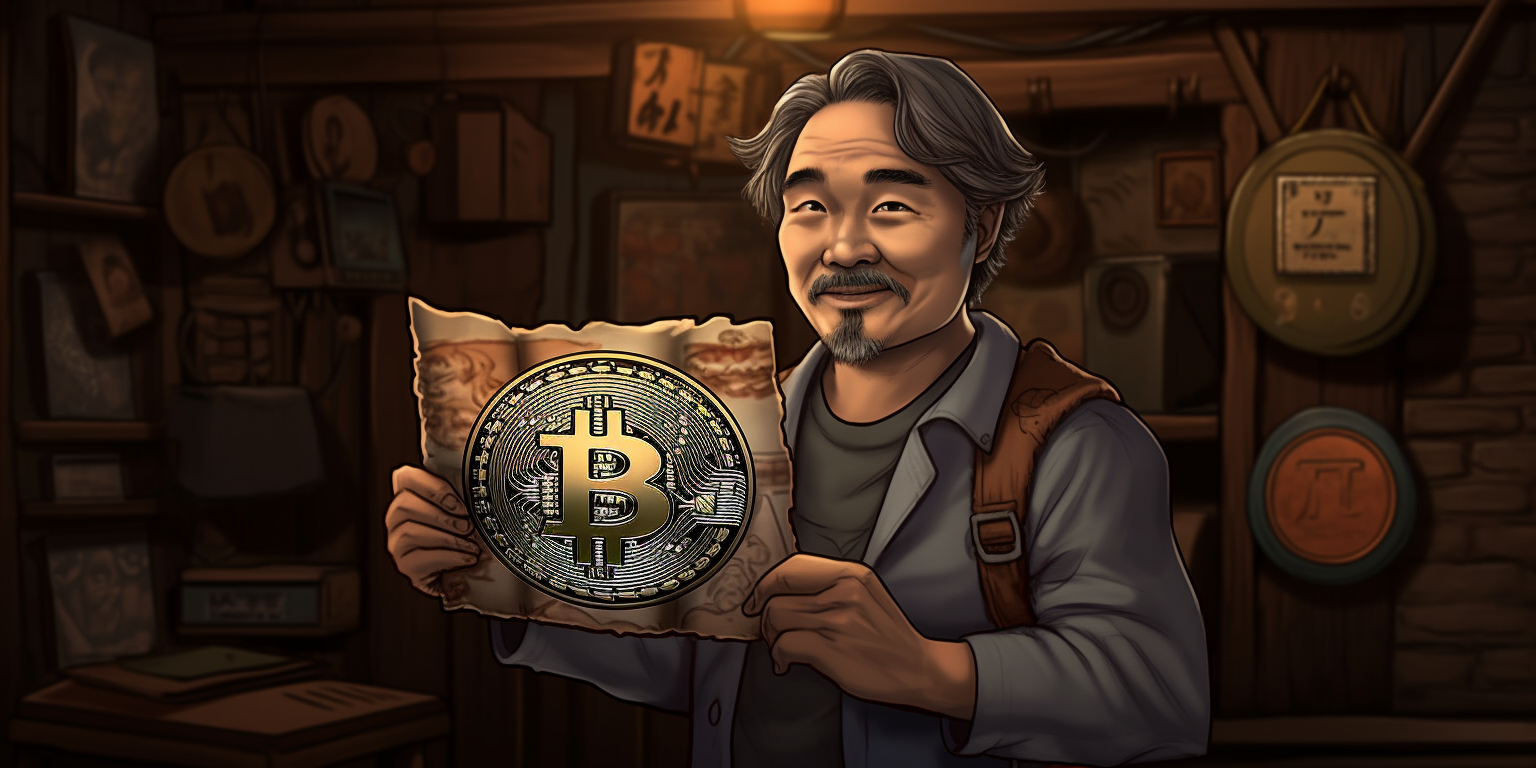 mature Japanese man holding a painting of a Bitcoin symbol