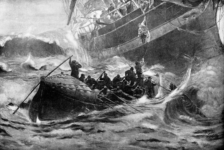 Small boat escaping a large ship in the storm. Drawing