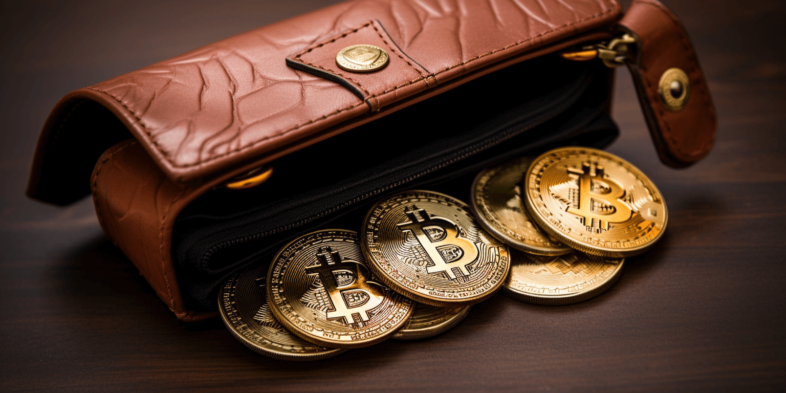 Bitcoins in a leather wallet, art generated by Midjourney