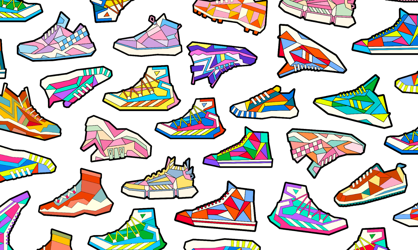 An image of many STEPN NFT sneakers on the black background. 