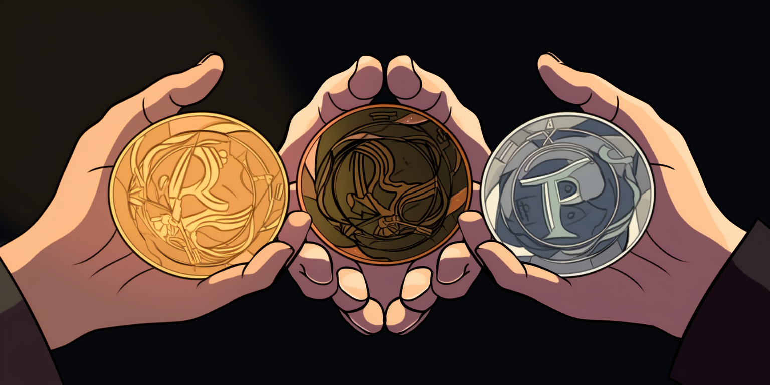 three hands holding coins
