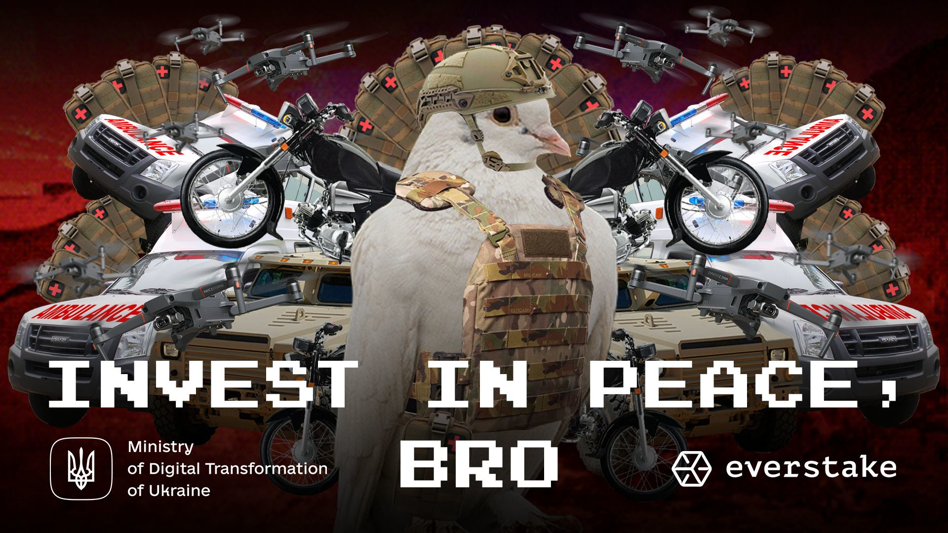 An image from the Ukraine's Ministry of Digital Transformation press kit featuring a dove of peace surrounded by military equipment and inscription "invest in peace, bro."