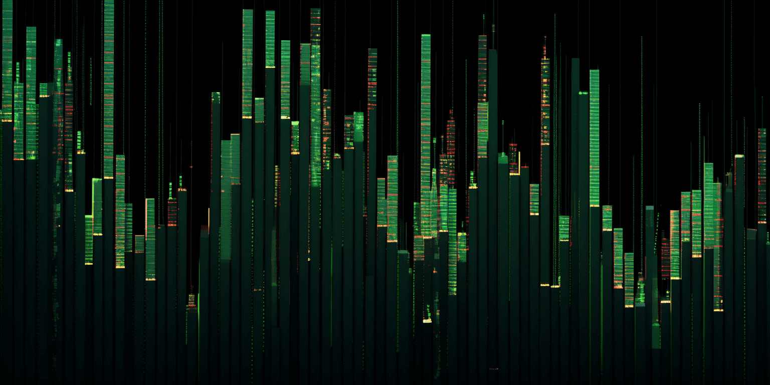 Green trading volume charts, abstract art generated by Midjourney.
