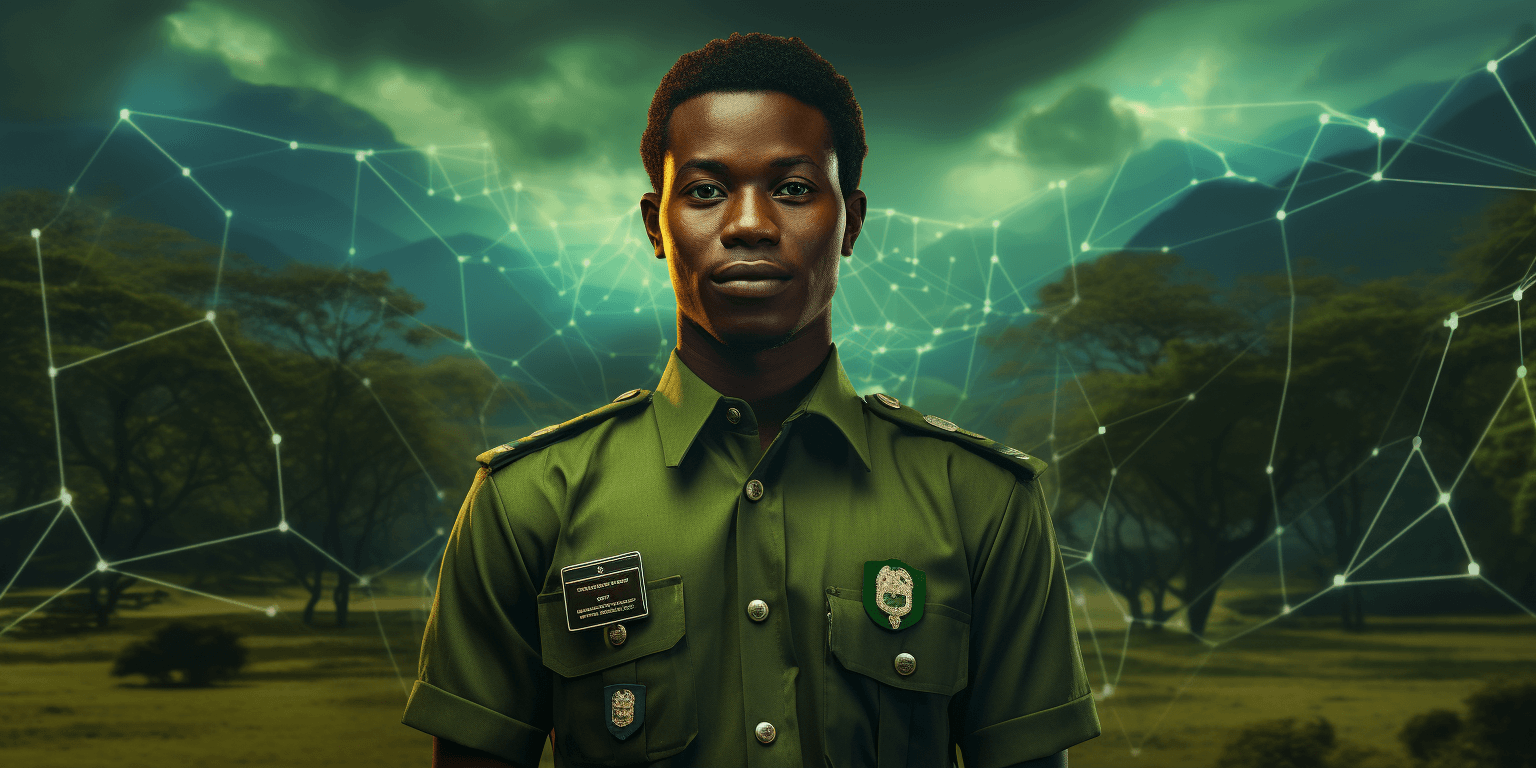 young Nigerian man standing on a blockchain