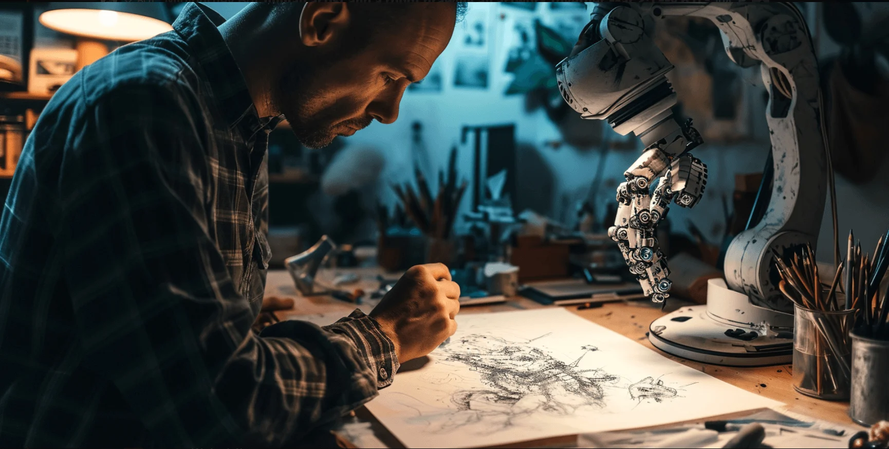 Human artist and a robot drawing an artwork together, art by Midjourney 