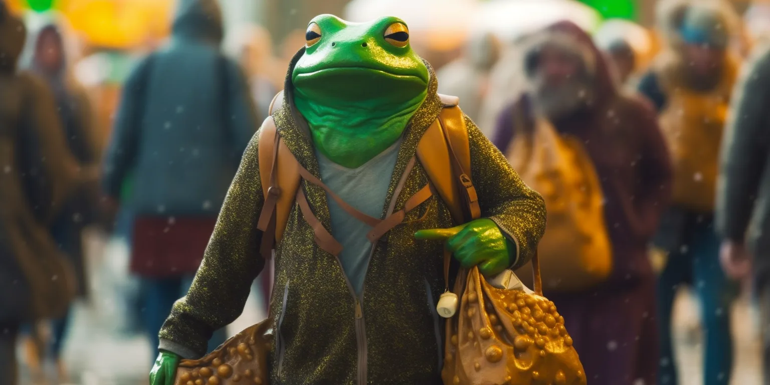 A frog dressed as a human carries bags in a crowded place