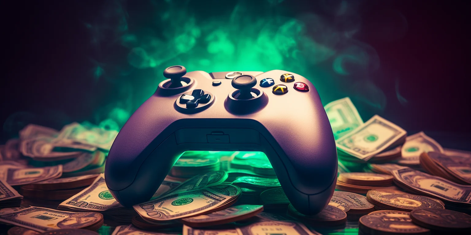 A gaming console on the top of a pile of money