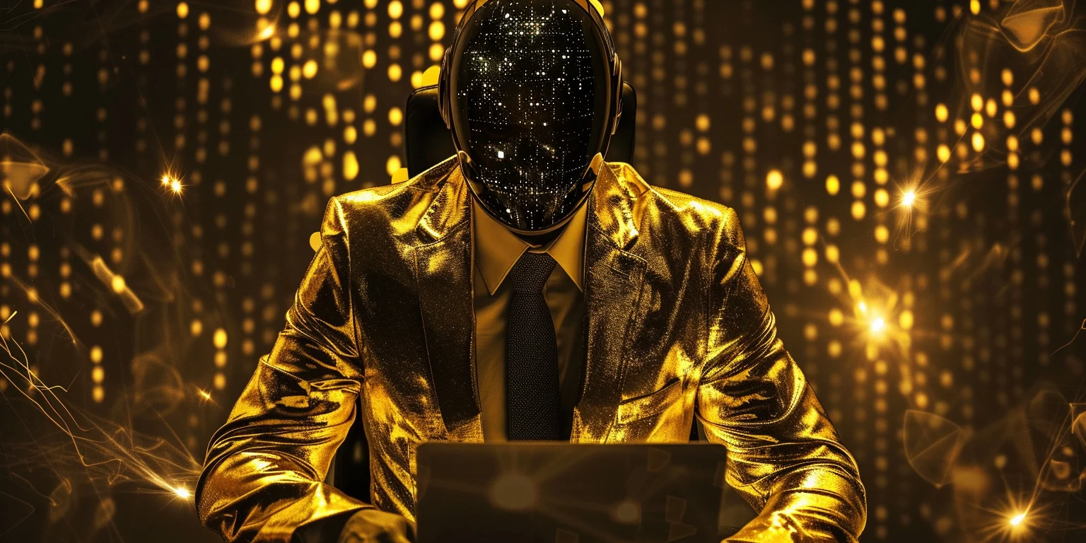 A hacker wearing an official golden business suite