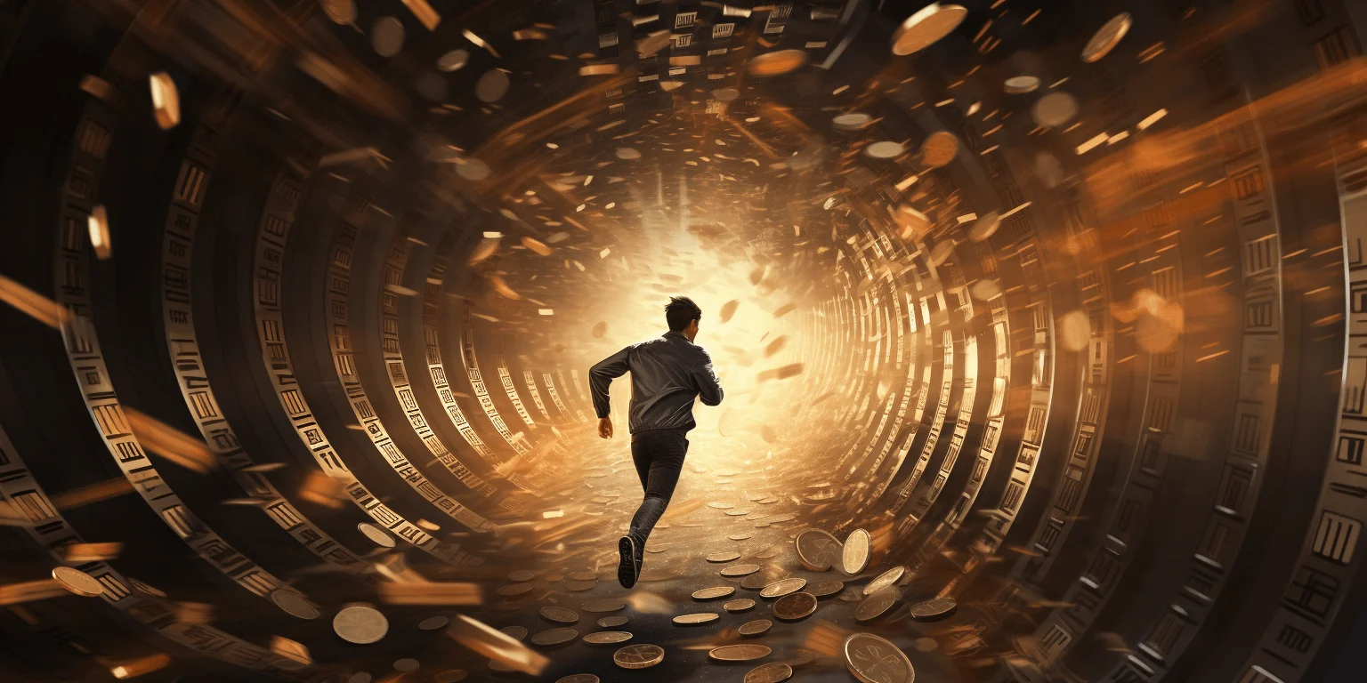 An image showing a man running through a tunnel, surrounded by coins