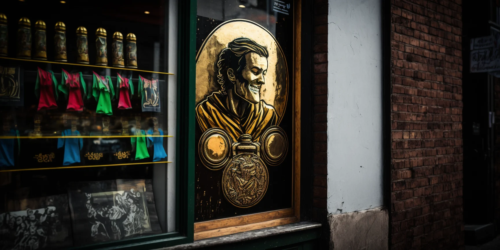 A shop window and medal graffiti on the wall