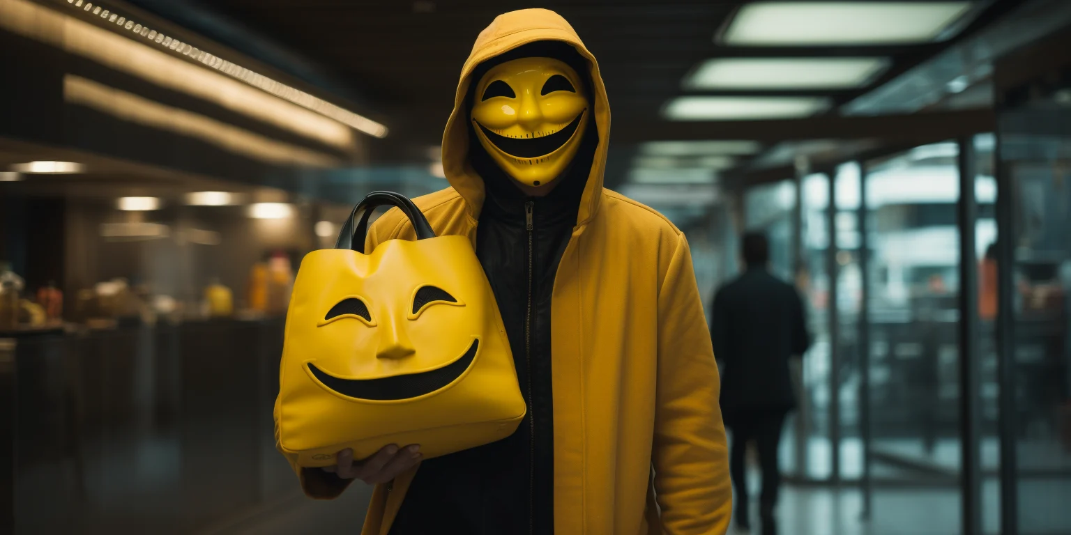 A thief wearing a mask of a smiley emoji