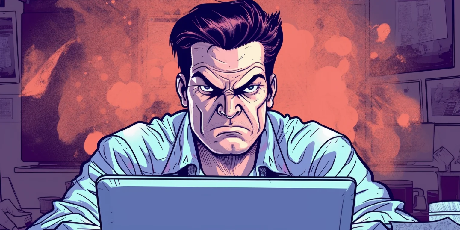 An angry man sitting in front of a computer