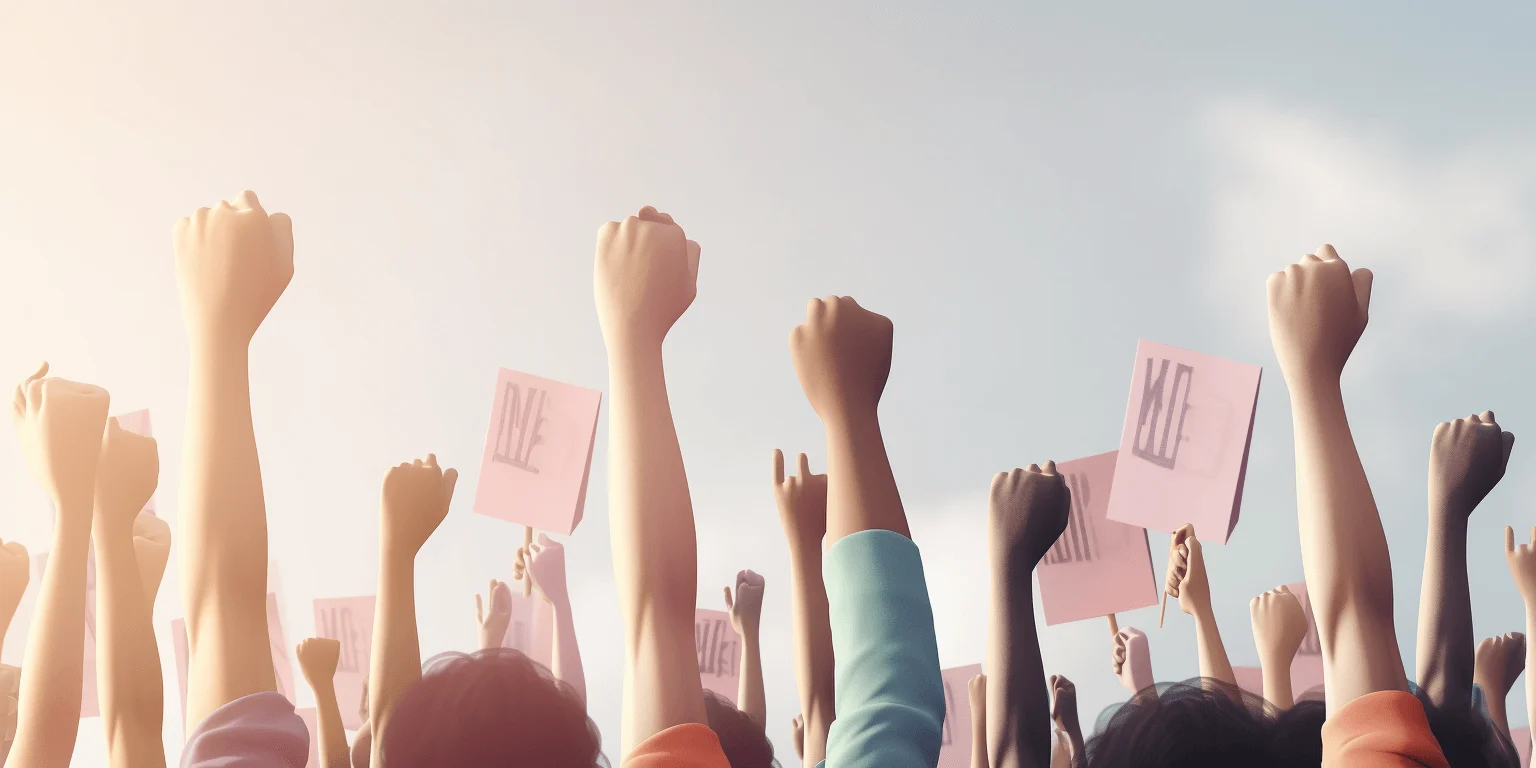 A crowd of people rising hands and protesting with banners, art generated by Midjourney. 