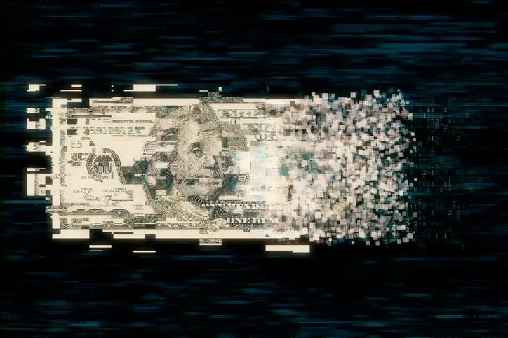 Pixelized dollar banknote, stablecoin concept. 