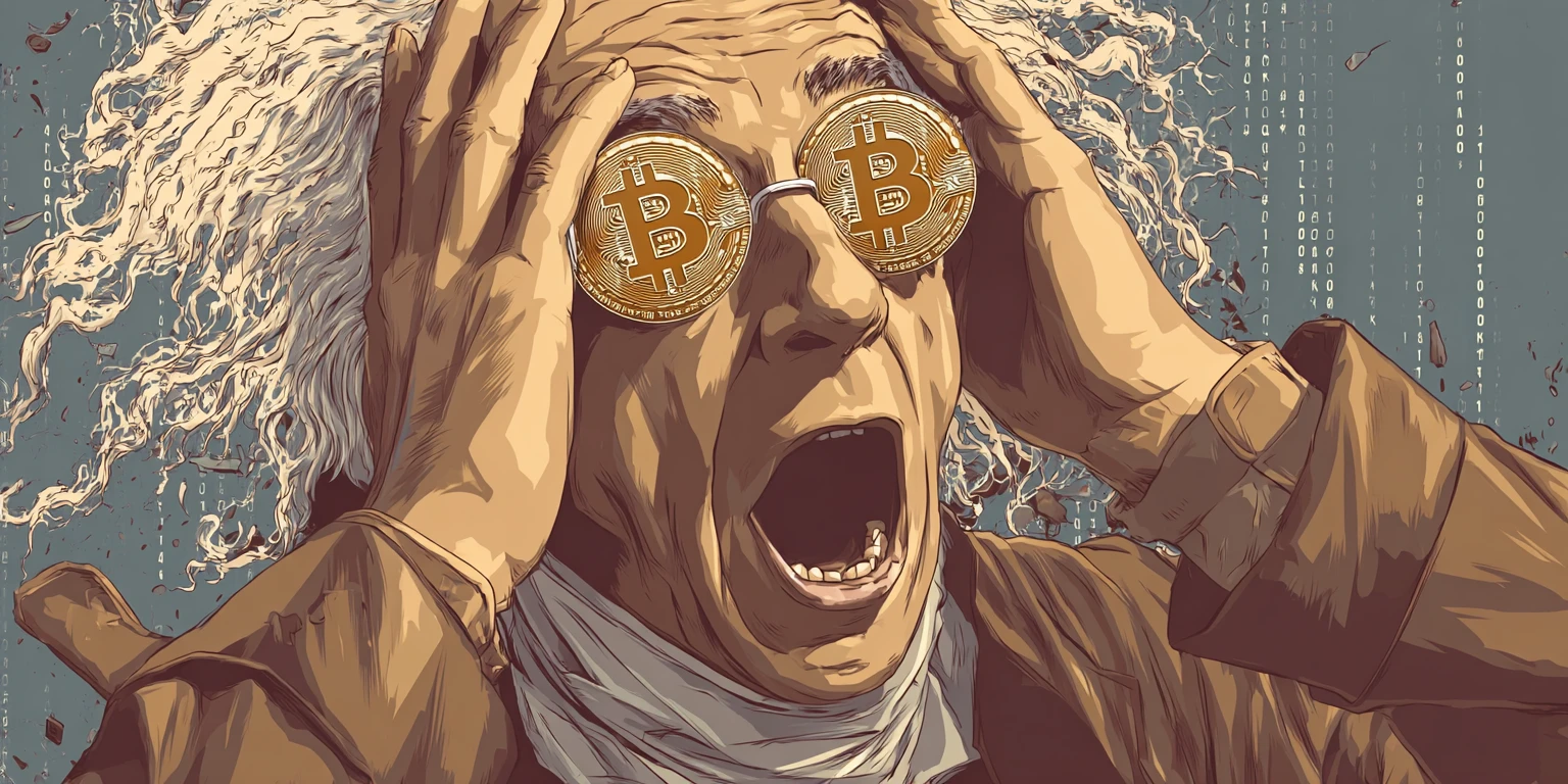 A shocked man in Bitcoin-like eyeglasses