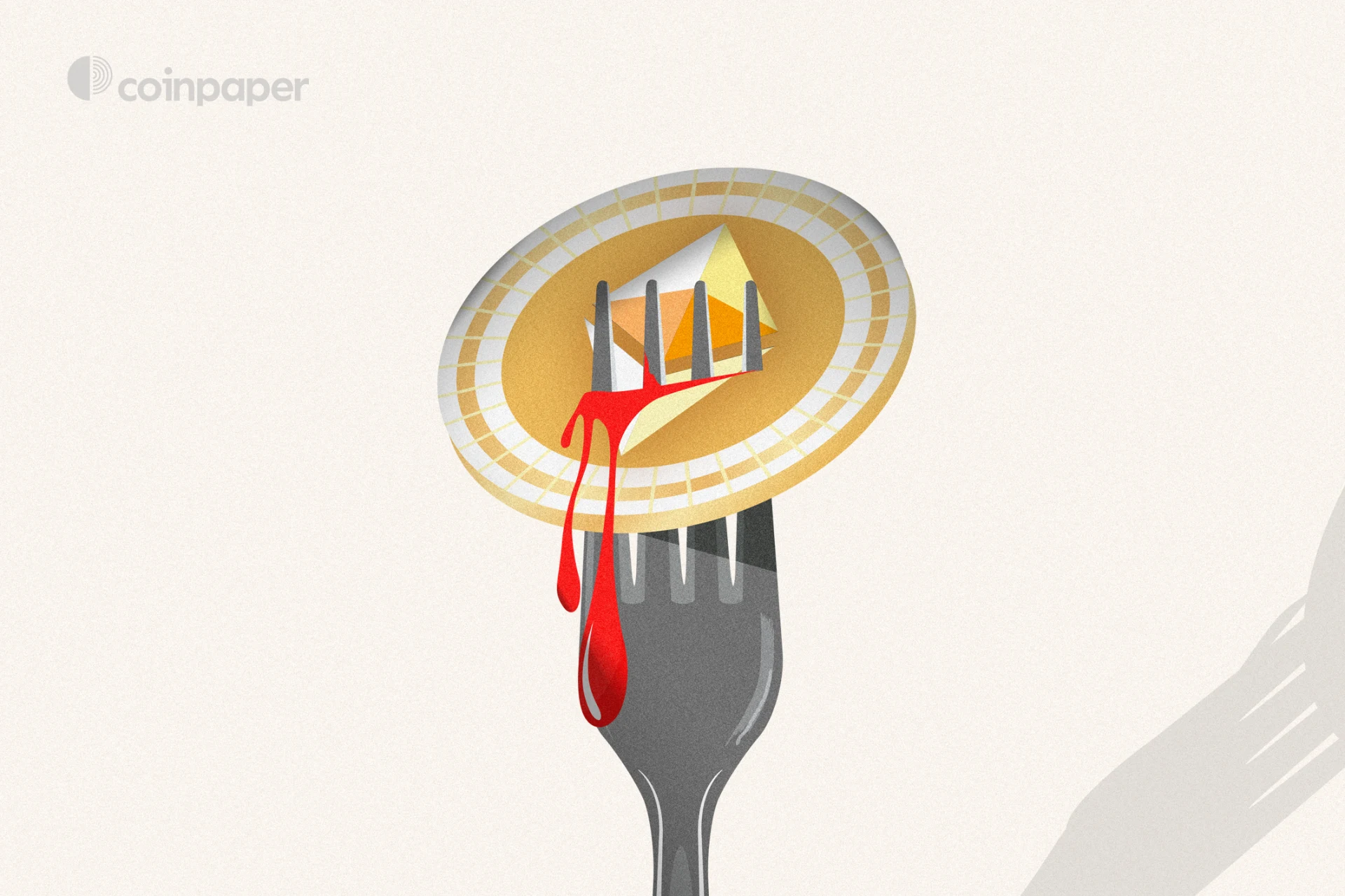 Ethereum coin bleeding, pierced with a fork