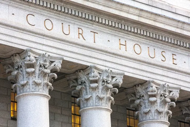 The facade of a courthouse with columns, stock photo. 