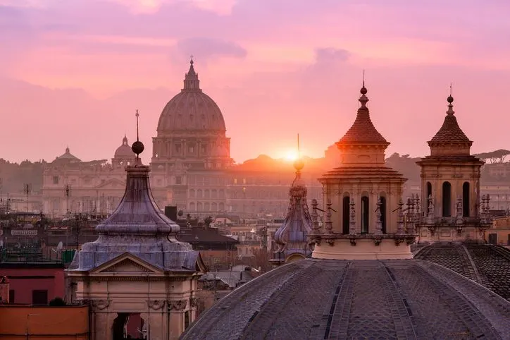 Domed roof tops of Santa Maria di Montesanto and Santa Maria dei Miracoli, from the Pincio, Rome, Italy