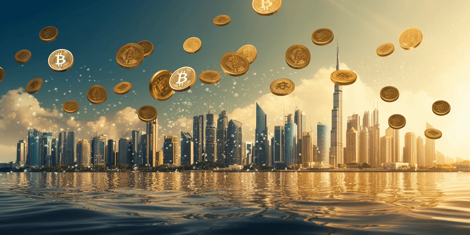 Dubai city with Bitcoin coins falling from the sky