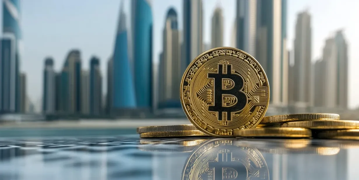 Bitcoin coin on the background of Dubai