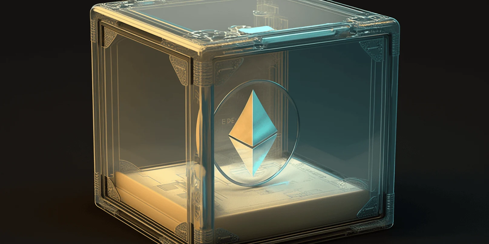 Ethereum coin locked in a transparent box, art generated by Midjourney.