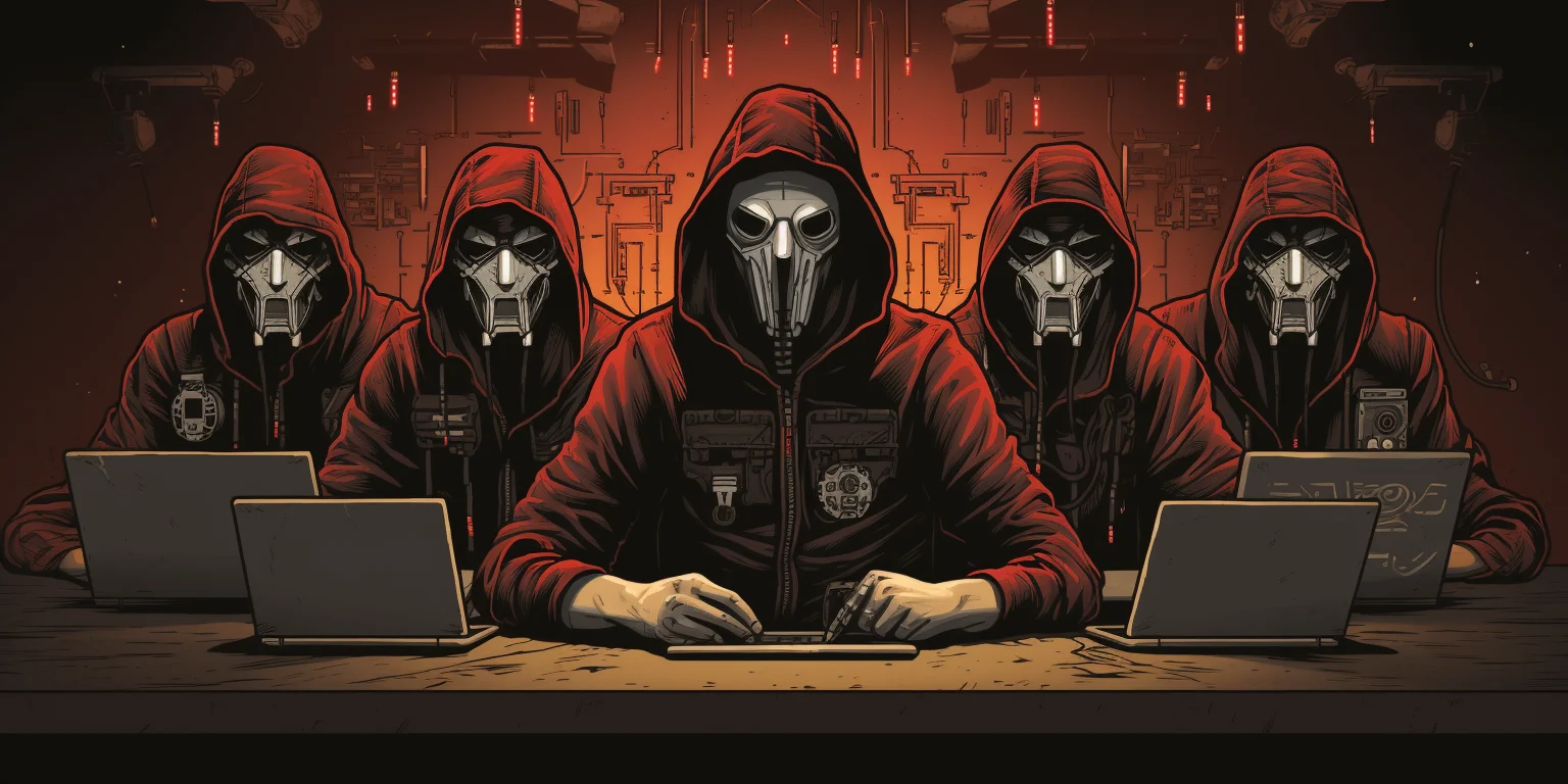 Five hackers wearing red outfits