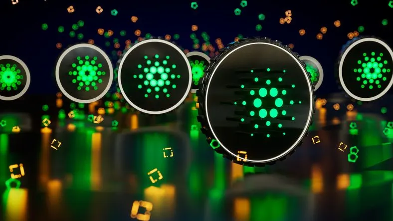 A stock photo of a multiple neon Cardano logos. 