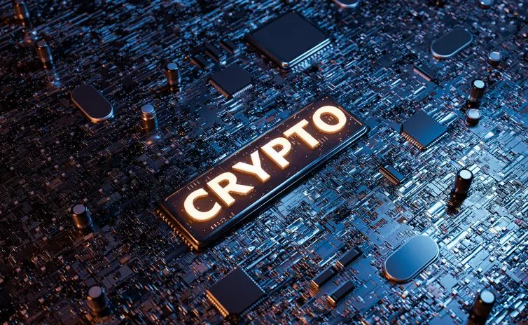 A stock image of an integrated circuit board with a LED display reading "crypto."