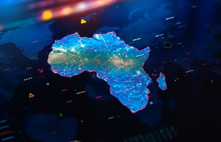 A stock image featuring a digital neon map of the African continent.