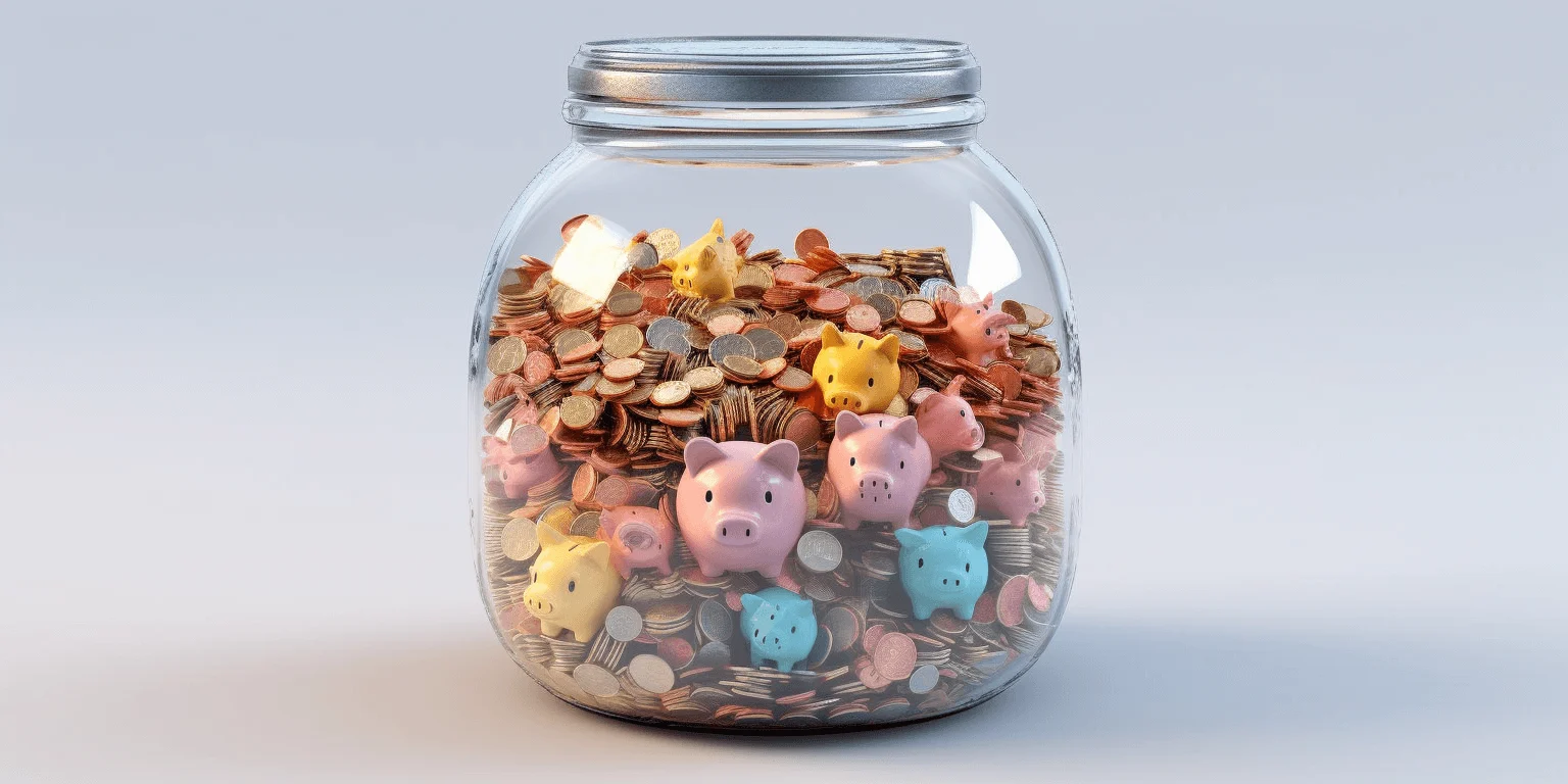 transparent piggy bank full of crypto coins, art generated by Midjourney. 