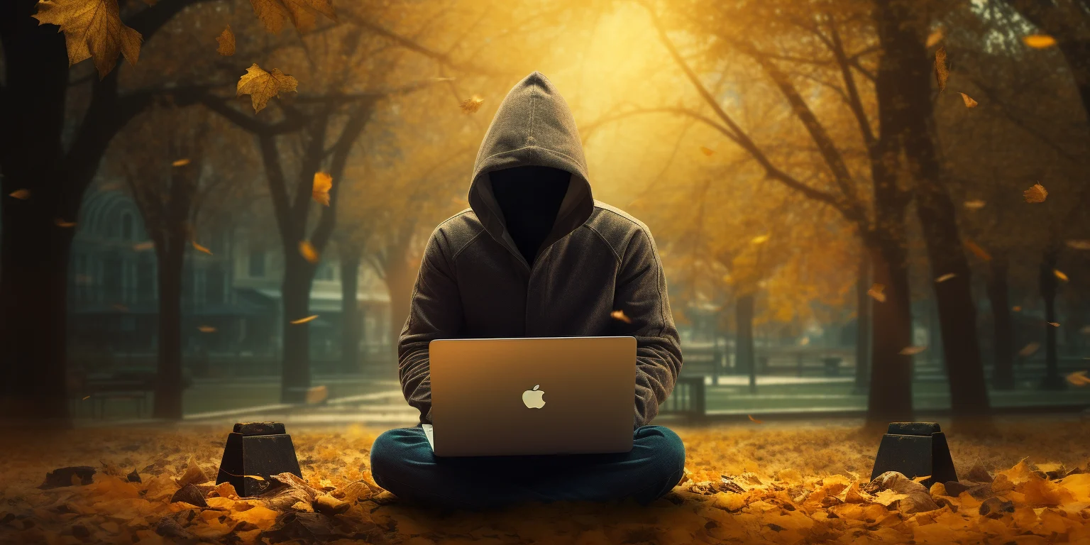 Hacker working in an autumn park