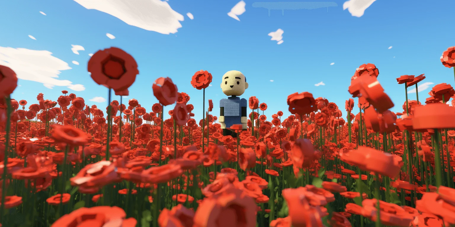 Roblox avatar on the field of flowers, art generated by Midjourney. 